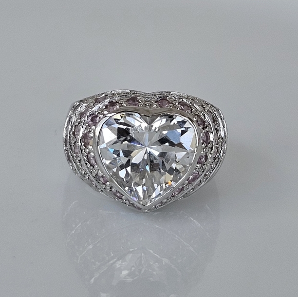 Perfect Heart Shaped Diamond & Pink Sapphire Simulant Ring Sterling Silver Sz 6! - Picture 2 of 6